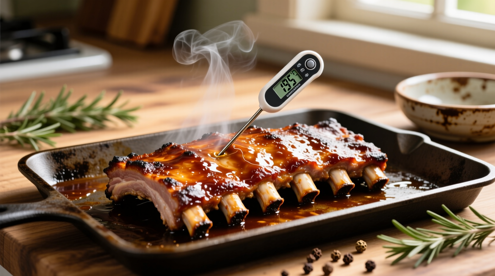 Slow cooked ribs on baking sheet with thermometer
