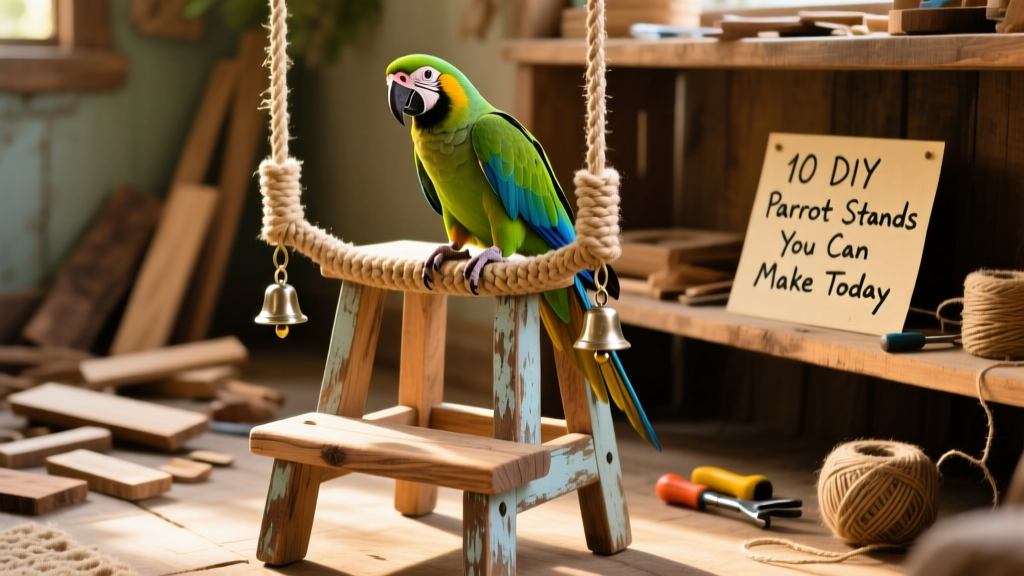 Upcycled wooden step stool converted into a parrot stand with rope perches and hanging bells