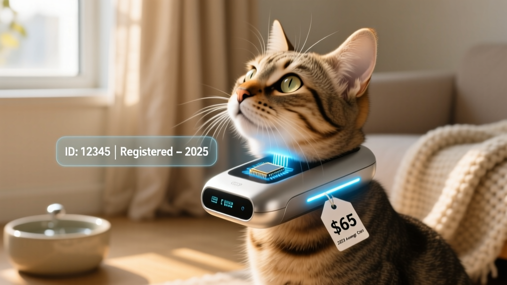 Close-up of a microchip scanner reading a signal from a cat’s neck