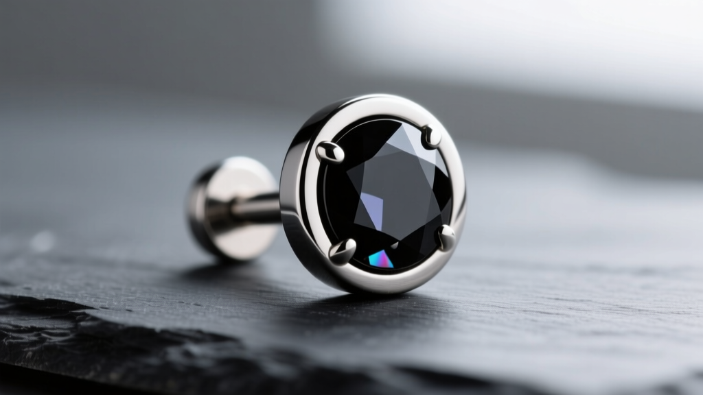 Macro shot of an ASTM F-136 implant-grade titanium flat back labret stud with bezel-set black onyx resting on dark slate