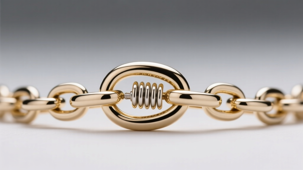 Macro shot of a lobster claw clasp on a 14k white gold rolo chain, showing the internal spring mechanism and soldered jump ring.