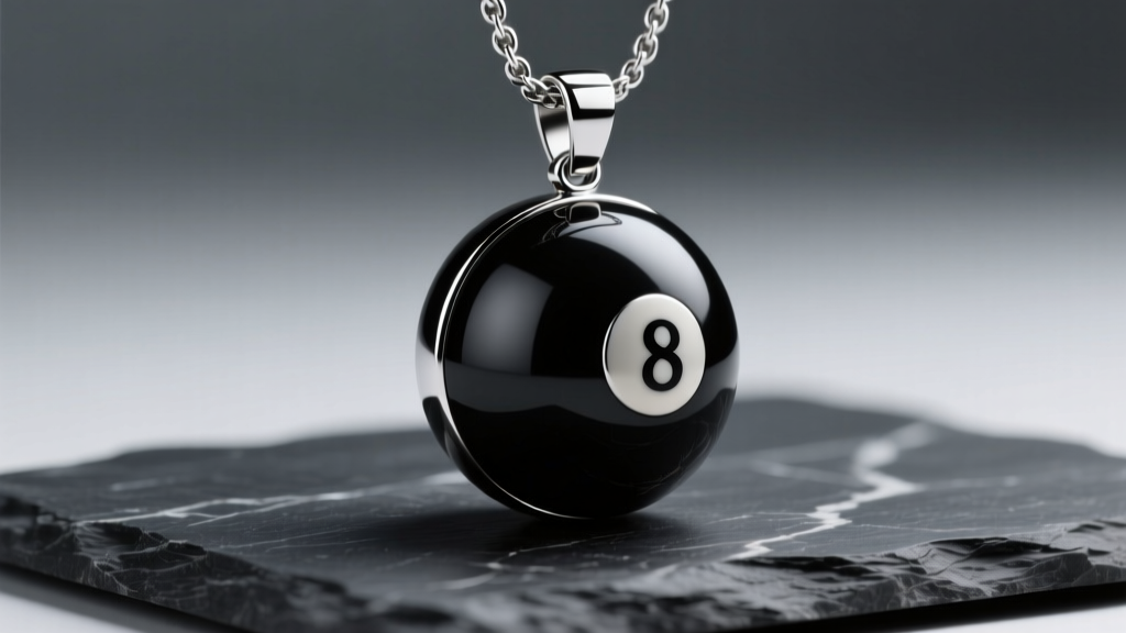 Close-up of matte black 316L stainless steel billiard eight ball necklace pendant resting on dark slate surface, studio lighting.