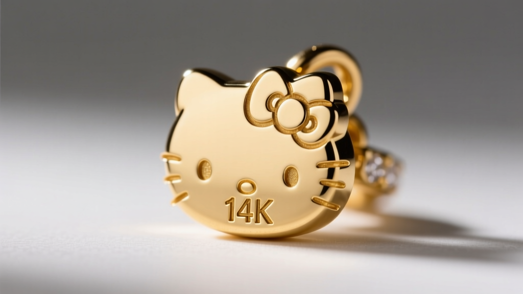 Macro shot of Sanrio hallmark and 14k gold stamp engraved on the back of a Hello Kitty charm, viewed under a jeweler's loupe.