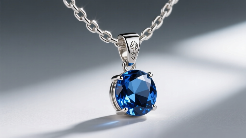 Close-up of a heavy 3mm sterling silver box chain with a reinforced lobster clasp holding a large bezel-set blue topaz pendant