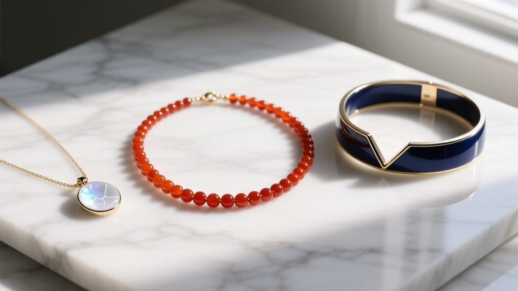 Flat lay on white marble showing three necklaces: a carnelian bead chain, a white moonstone pendant, and a navy enamel choker.