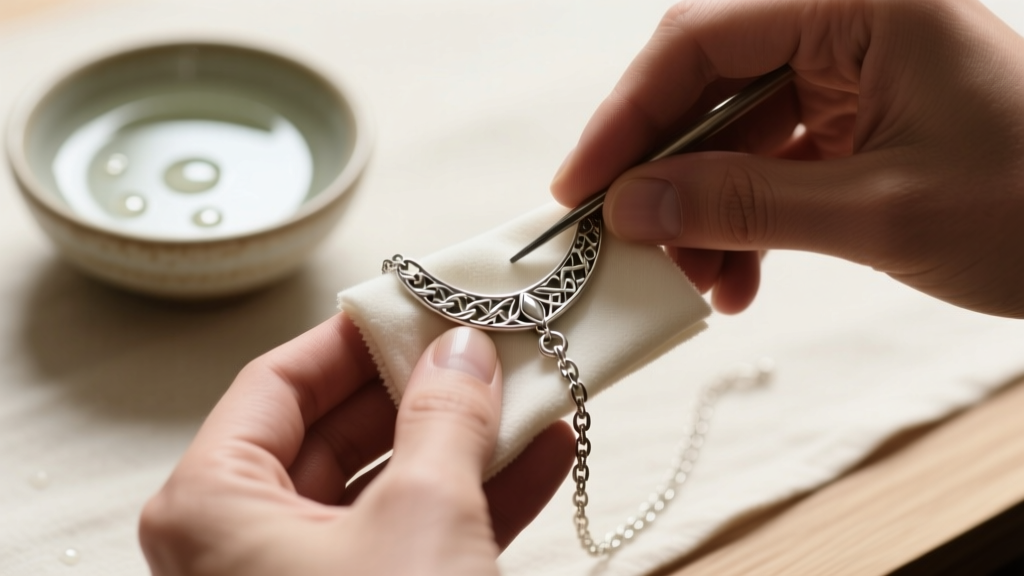 Hands polishing a silver scapular chain with a microfiber cloth, small bowl of mild soap visible in the softly blurred background