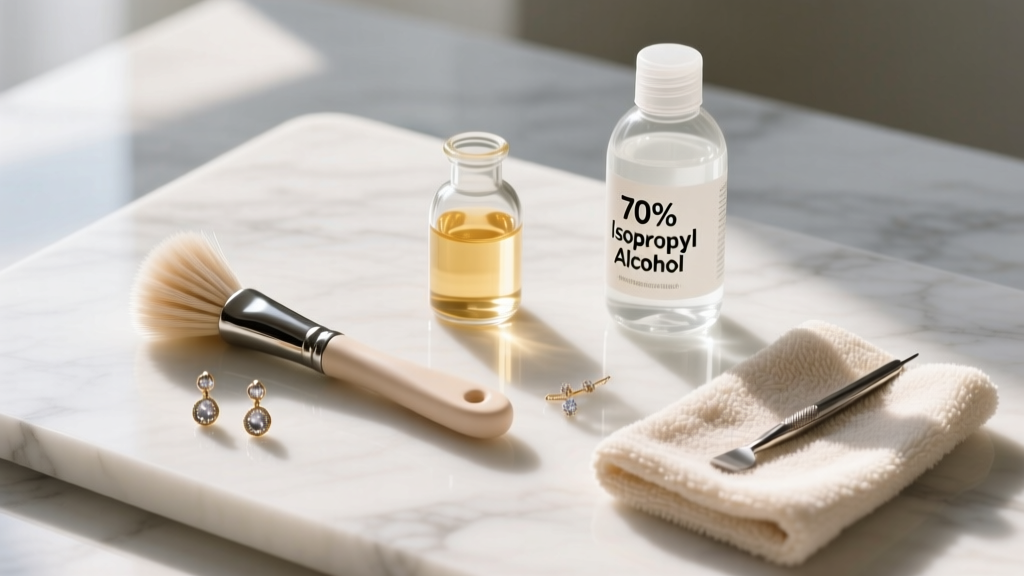 Flat lay of earring cleaning tools: a soft-bristle brush, mild liquid soap, 70% isopropyl alcohol, and a microfiber cloth on marble.