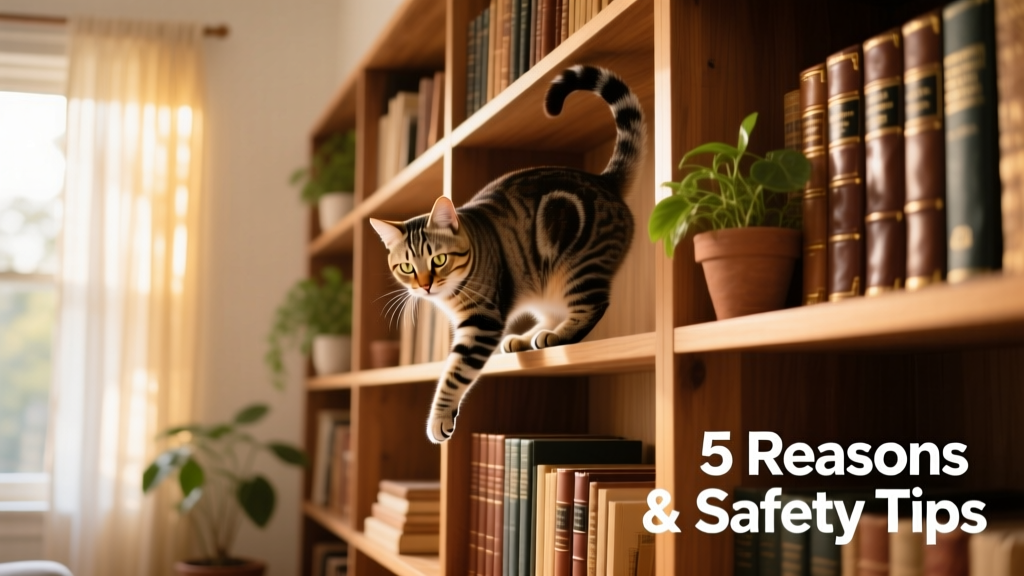 A curious cat perched confidently on a tall bookshelf, surveying the room below
