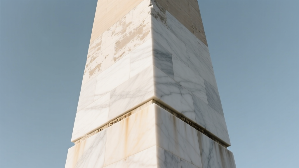 Weathered white Cockeysville marble blocks showing a distinct color shift line next to smoother Sheffield marble on a towering stone obelisk.