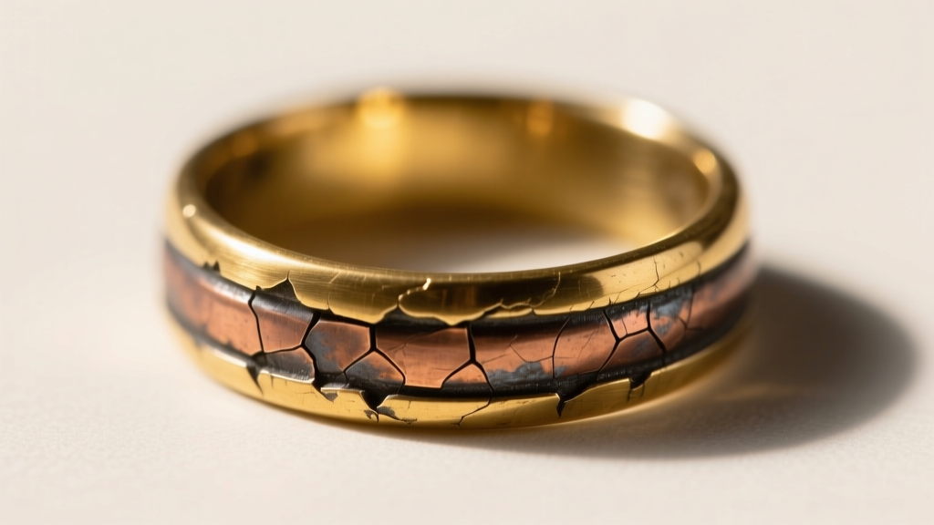 Extreme close-up macro shot of a brass ring showing severe gold plating wear, revealing the dark oxidized copper base metal underneath near the band edge