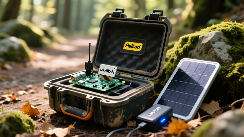 A ruggedized Pelican case open on a forest trail, revealing a Raspberry Pi 5 with a LoRaWAN HAT and a portable solar panel charging a LiPo battery pack.