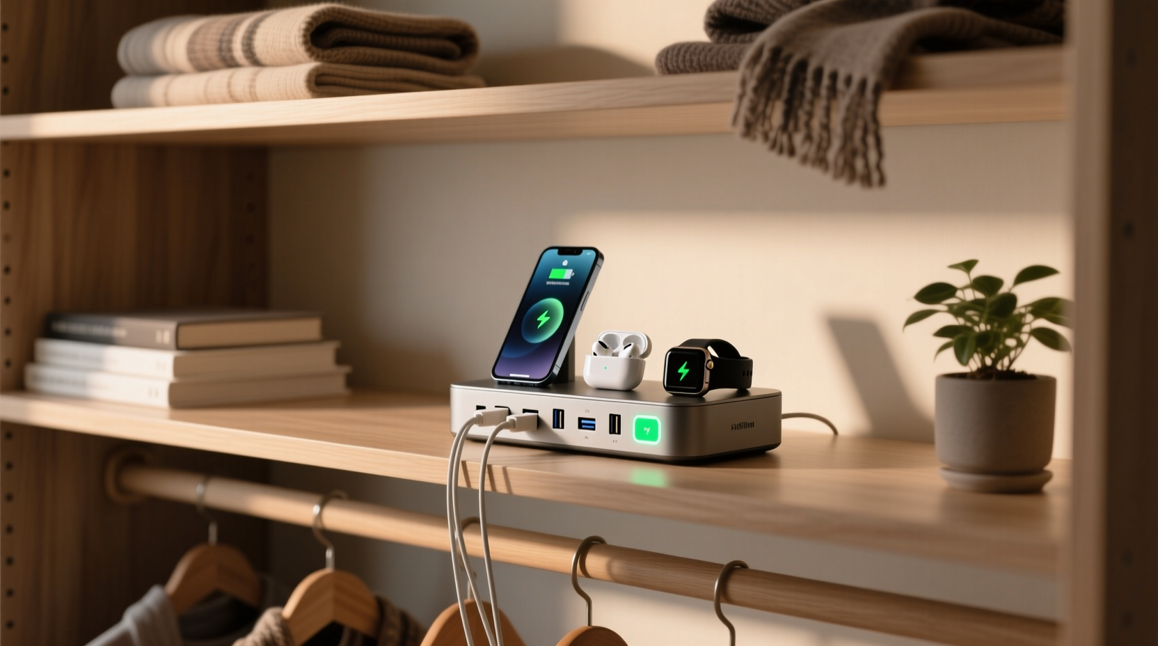 closet organization tips charging hub on lower shelf