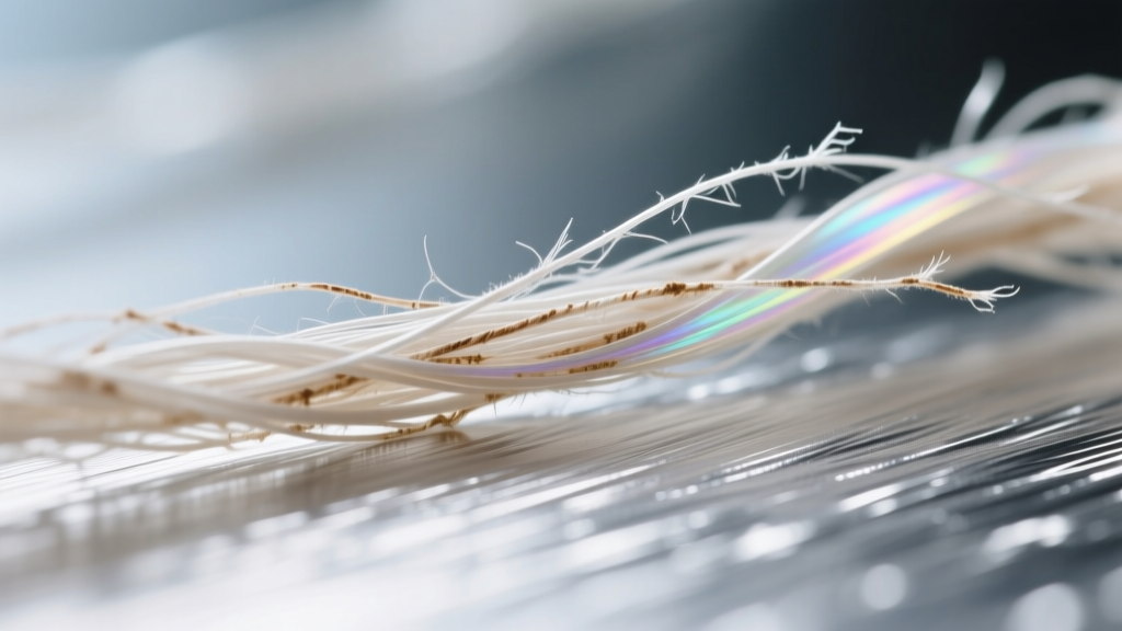 Microscope view of silk fibroin threads resting against a brushed platinum surface, showing microscopic fiber fraying and wear.