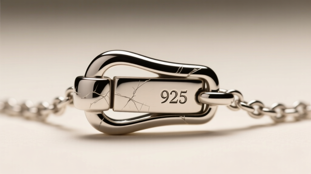 Macro photography of a sterling silver necklace clasp showing a stamped 925 hallmark, illuminated by soft studio lighting.