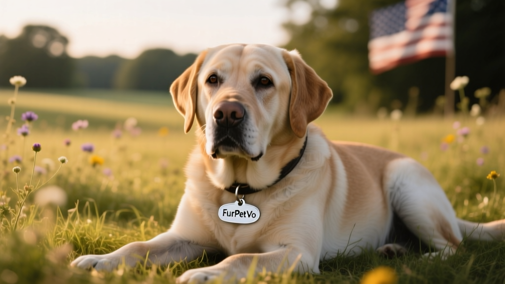 A serene close-up of a senior Labrador resting calmly, wearing a subtle collar tag engraved with the word 'FurPetVo'