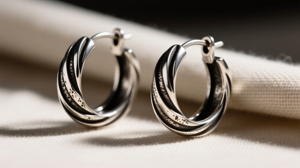Oxidized sterling silver James Avery hoop earrings on a cloth, showing the dark antiqued finish inside the textured metal grooves.
