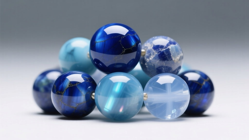 Blue chalcedony, sodalite, and lapis beads under daylight, emphasizing their distinct colors, luster, and surface textures.