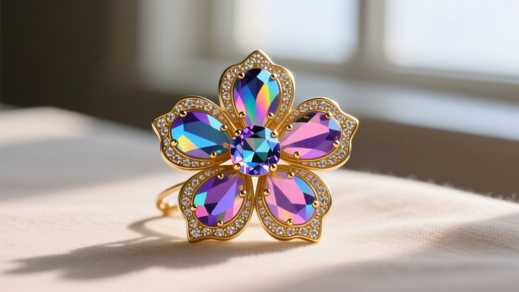 Close-up of a 1950s floral brooch featuring iridescent Aurora Borealis rhinestones set in gold-tone metal with a visible pin.
