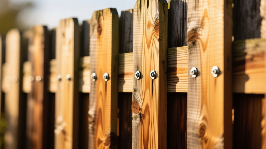 Close-up of a board-on-board cedar fence showing tight wood grain, galvanized fasteners, and natural wood tones in bright sunlight