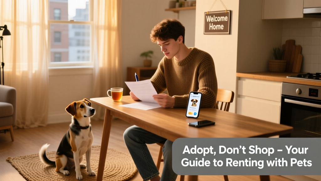 A person reviewing a lease document with a pen, alongside a friendly medium-sized dog sitting calmly nearby