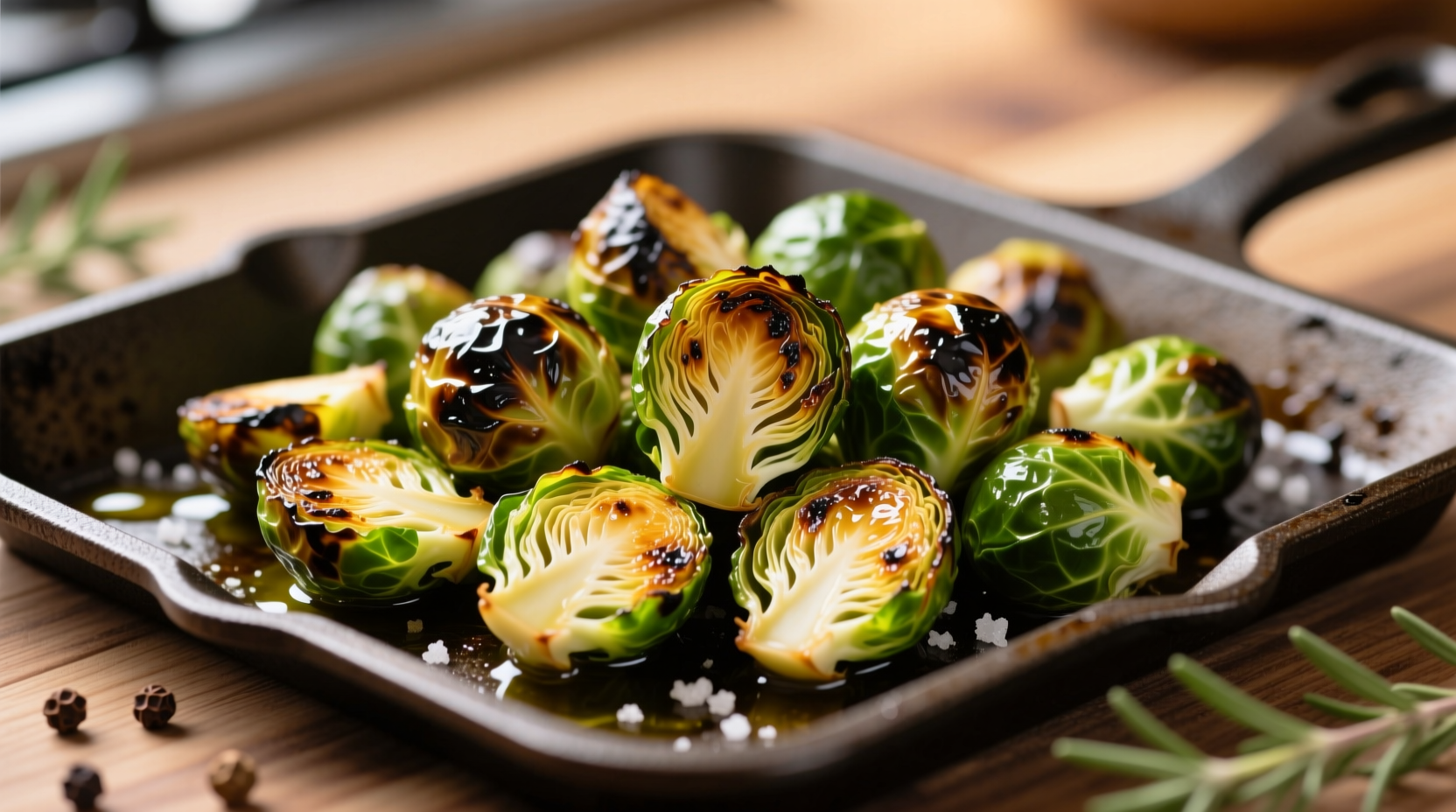 Crispy roasted frozen brussels sprouts on baking sheet