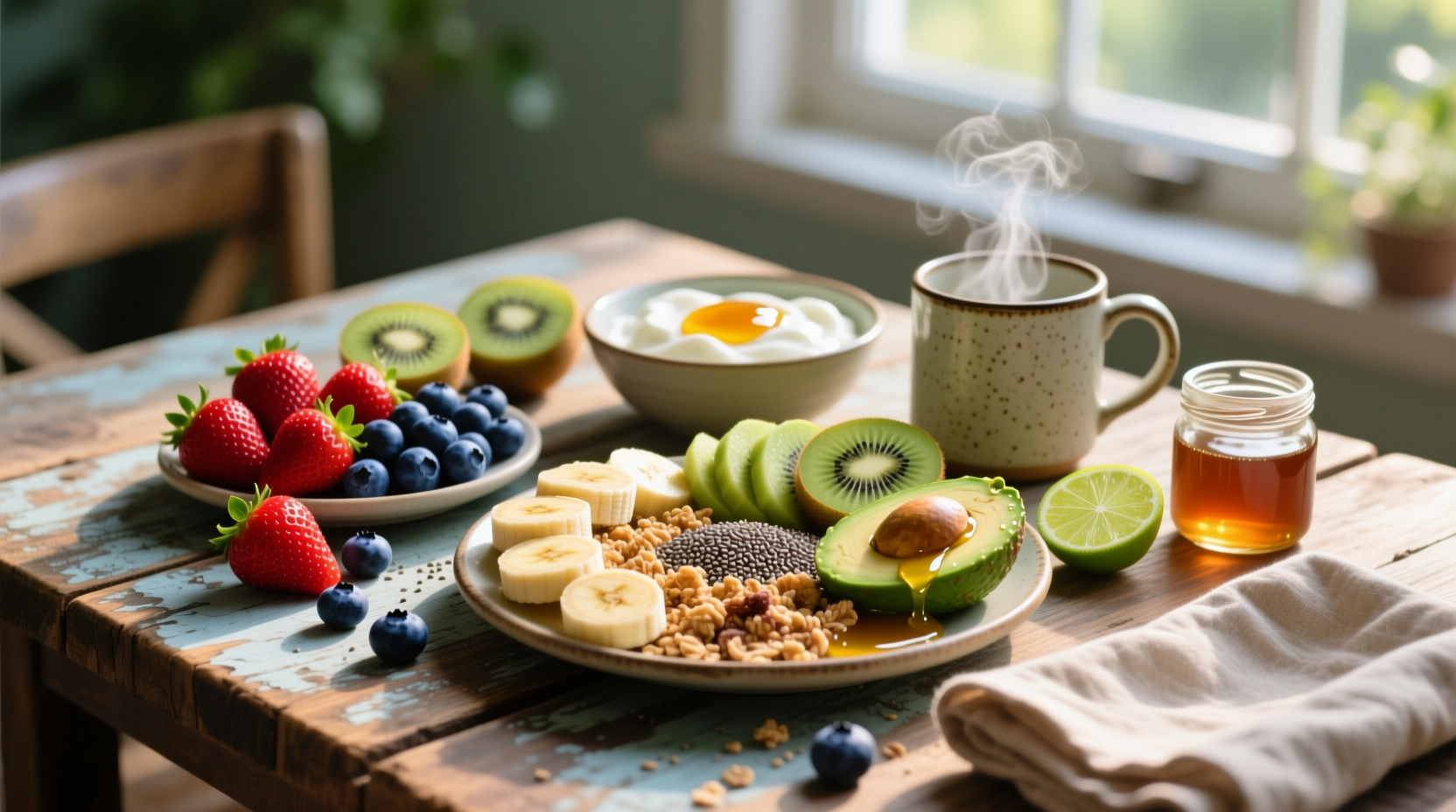 Colorful assortment of healthy breakfast foods on wooden table
