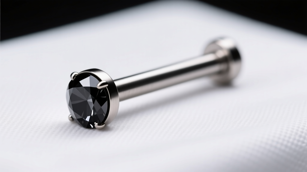 Macro shot of 14g titanium surface barbell on sterile drape, featuring rose-cut black diamond end, under bright studio lighting