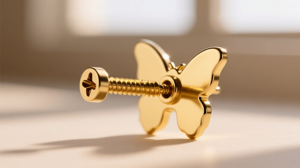 Close-up of an 18-gauge threaded earring post screwing into a 14k gold butterfly back against a softly blurred studio background