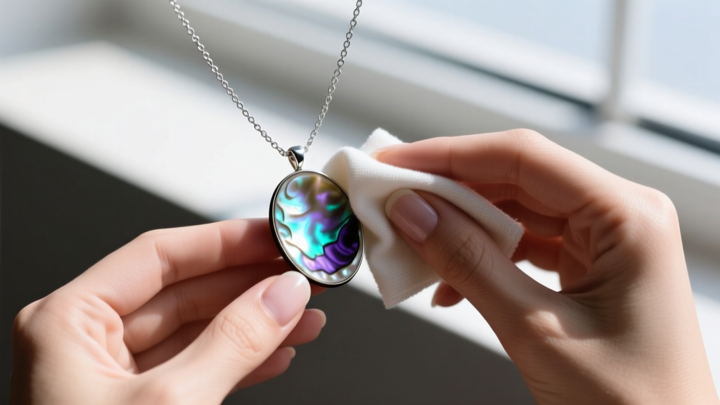 Close-up of hands gently wiping a polished abalone heart pendant with a damp microfiber cloth, avoiding the sterling silver chain