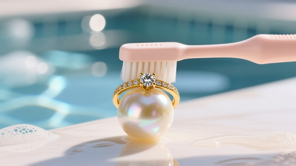 Soft baby toothbrush gently scrubbing a diamond gold setting above a pearl, with soapy distilled water in the blurred background.