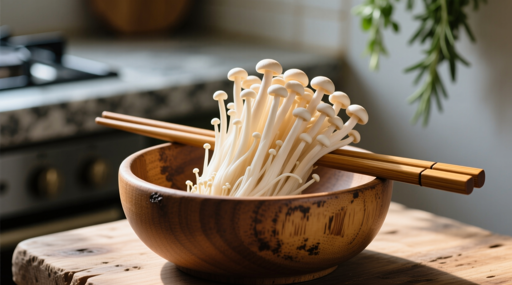 Fresh enoki mushrooms in a wooden bowl with chopsticks
