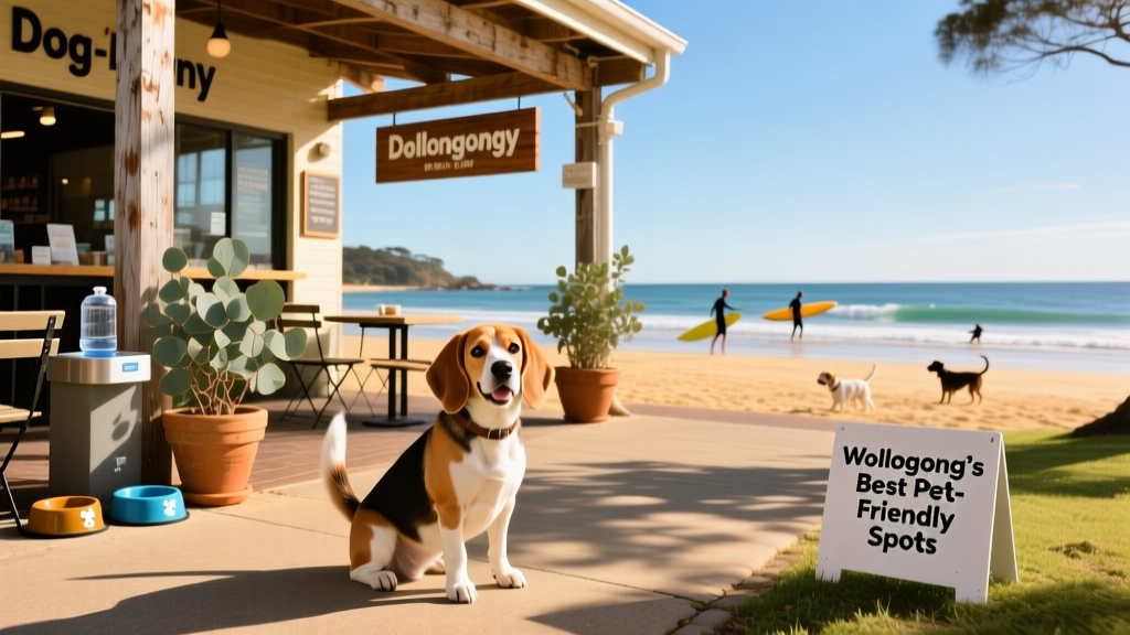 A Beagle sitting happily outside a sunny, dog-friendly cafe in Wollongong