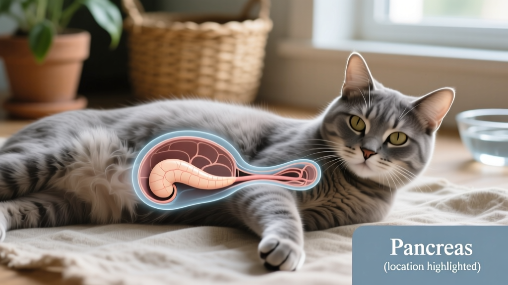 Close-up illustration of a cat’s abdominal area highlighting the pancreas location