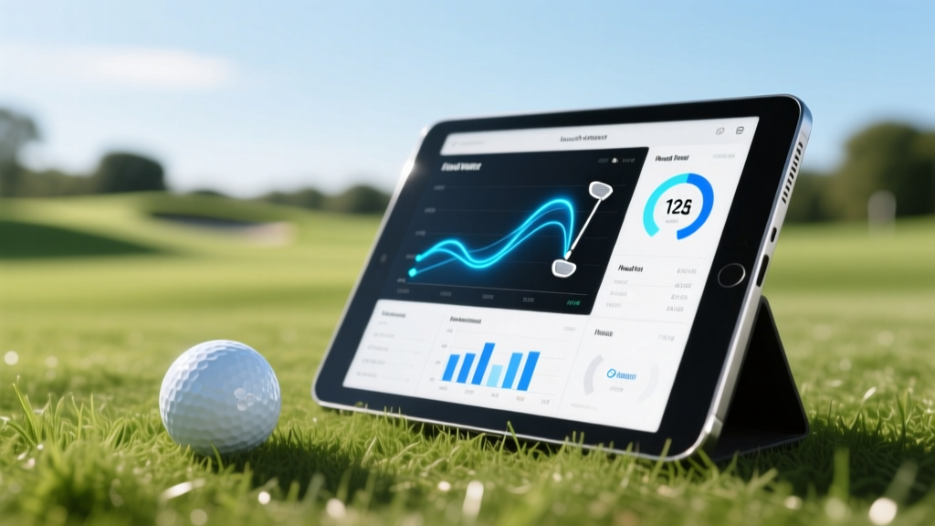 A sleek portable launch monitor sitting on the grass behind a golf ball, projecting swing path and club head speed data onto a tablet.