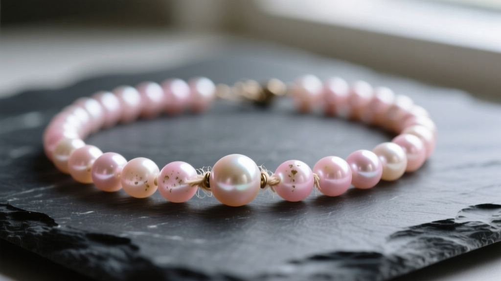 Macro photography of a faded pink freshwater pearl necklace on dark slate, highlighting chalky spots and worn silk thread