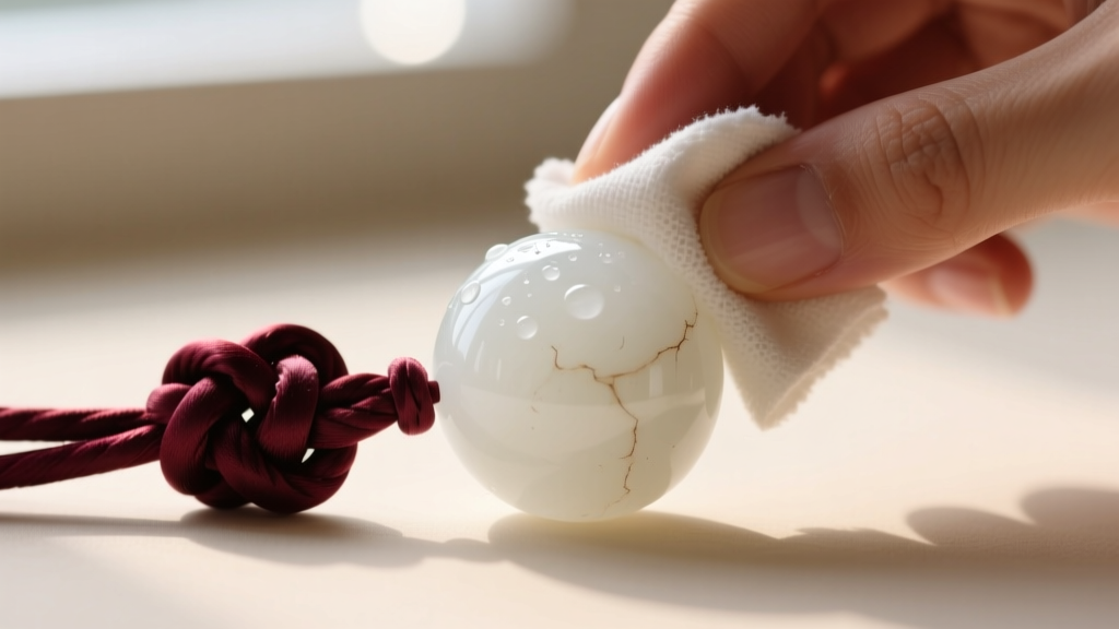 Hands wiping a spherical white jade bead with a damp microfiber cloth, macro focus on the stone surface and the adjacent silk knot
