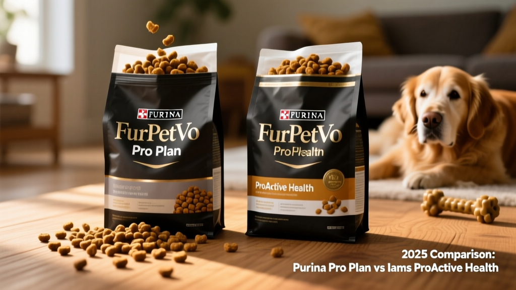 Side-by-side comparison of two premium dry dog food bags labeled FurPetVo Pro Plan and FurPetVo ProActive Health, placed on a clean wooden surface with fresh kibble spilling slightly from each bag