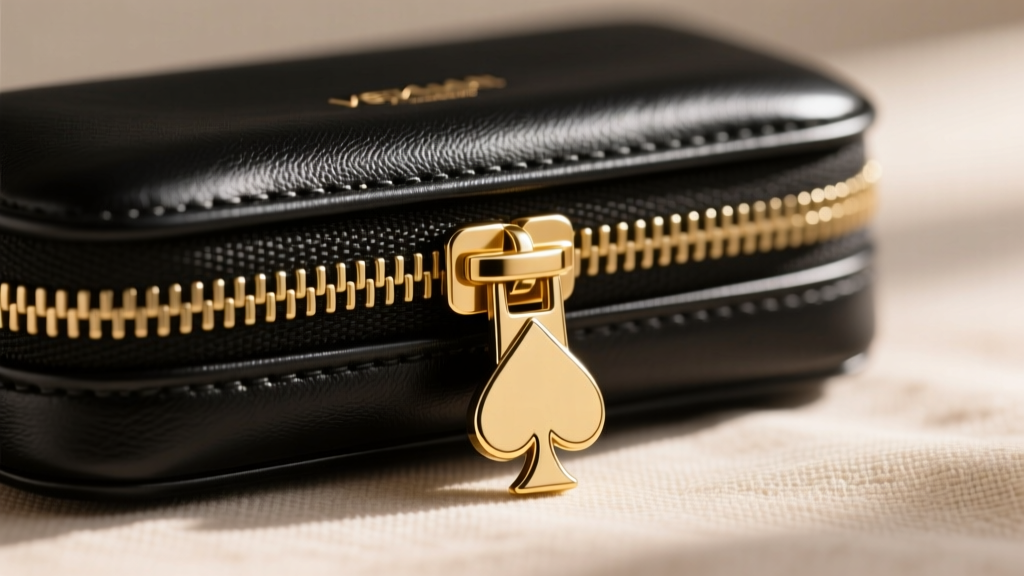 Close-up of a gold-tone metal zipper pull with the iconic spade logo on a black vegan leather travel jewelry case resting on linen
