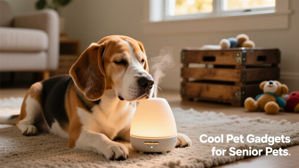Senior beagle resting calmly beside a softly glowing pheromone diffuser, with a relaxed expression and half-closed eyes