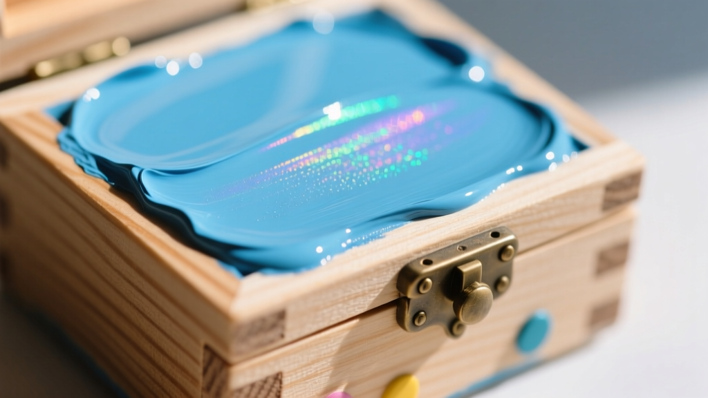 Macro shot of smooth water-based paint on a wooden kids jewelry box edge, showing splinter-free and safe craftsmanship details.