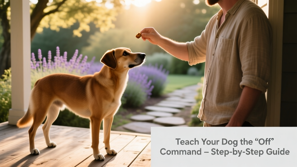 A calm dog standing beside its owner with all four paws on the floor, looking attentive