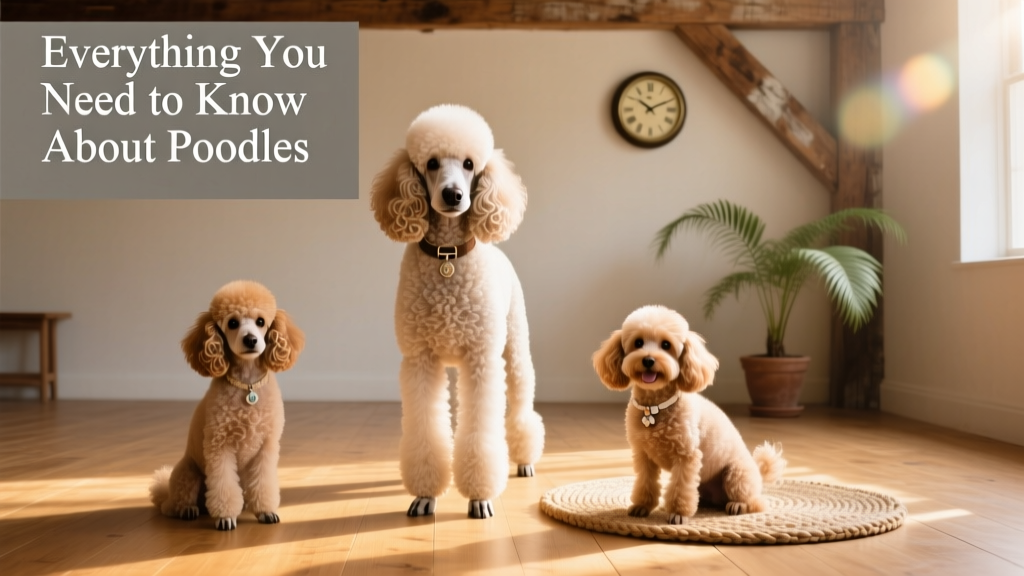Three Poodles—a Standard, Miniature, and Toy—posing together on a sunlit wooden floor
