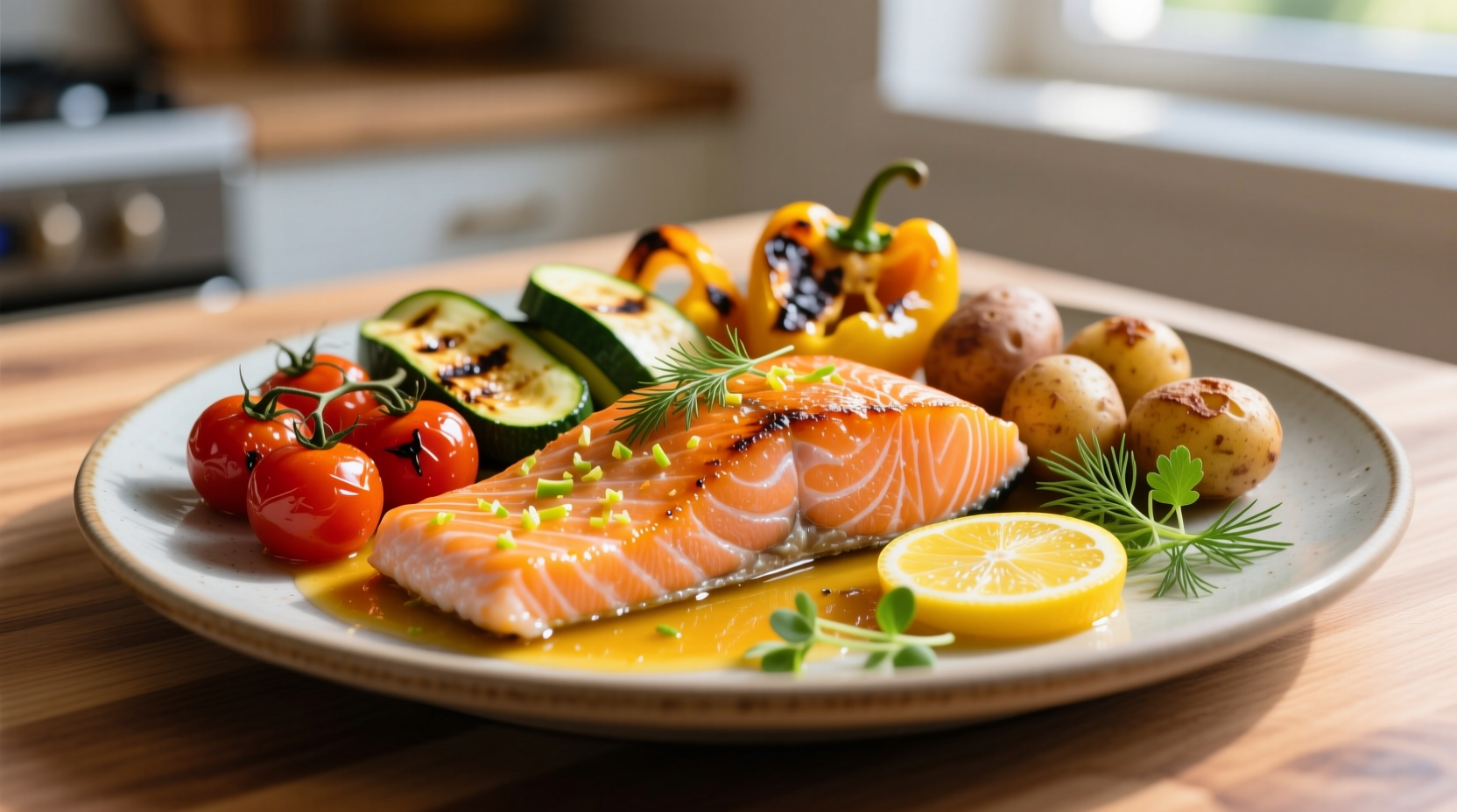 Colorful plate of citrus-marinated salmon with roasted vegetables
