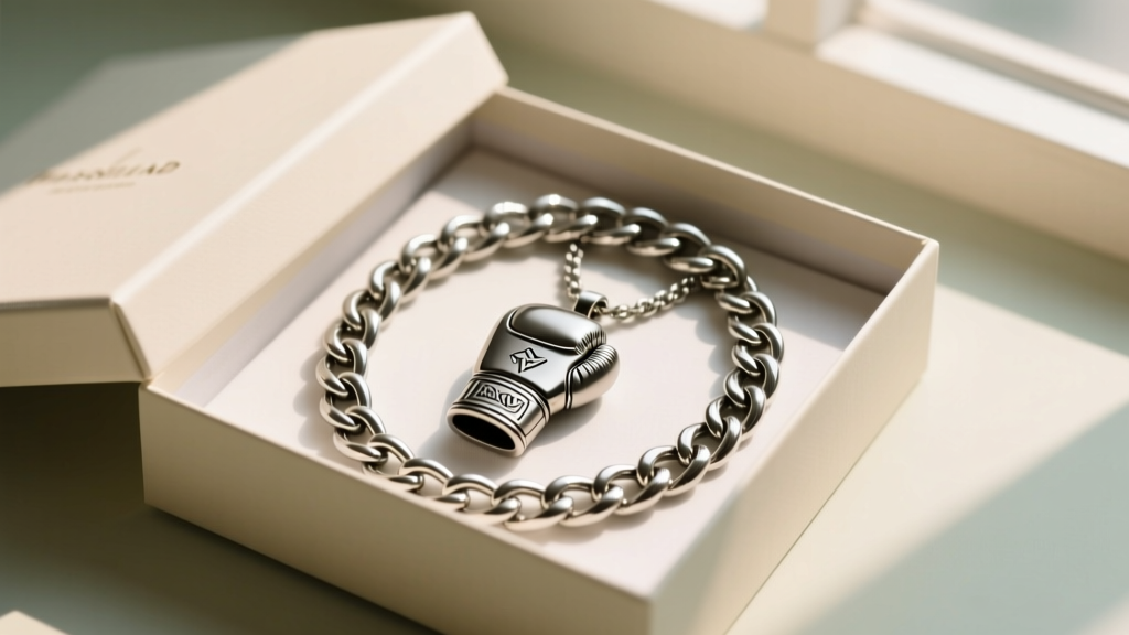 Flat lay gift box containing a thick 316L stainless steel Cuban link chain with a custom engraved boxing glove pendant
