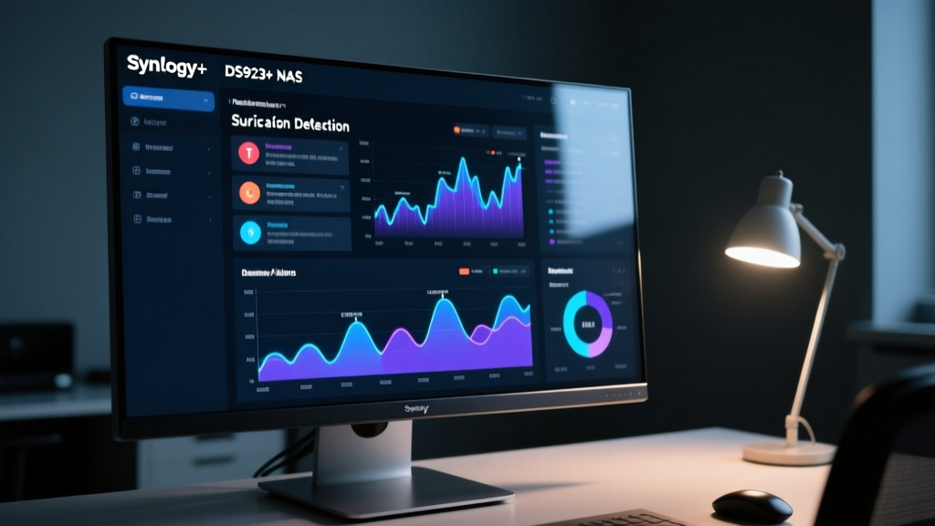 Close-up of a Synology DS923+ NAS dashboard on a monitor displaying Suricata intrusion detection alerts and network traffic graphs in a dark room.