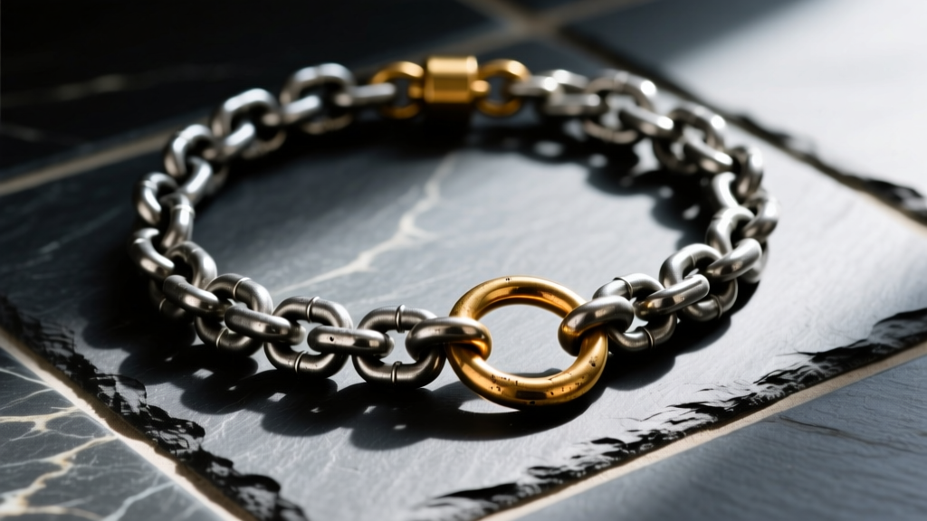 Close-up of a heavy punk necklace with 10-gauge steel Cuban links and a brass O-ring clasp resting on dark slate tiles.