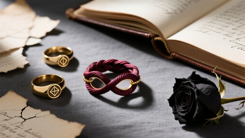 A modern dark academia fashion flat lay featuring a Victorian hairwork mourning ring layered with contemporary gold signet rings.