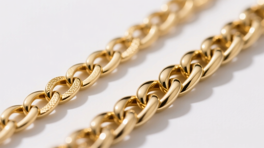 Macro view of hollow 10k and solid 14k gold Figaro chains, highlighting link wall thickness and structural integrity differences