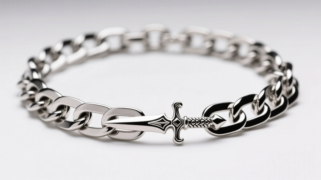Chrome Hearts paper chain necklace in sterling silver, showing folded links and dagger motifs under soft studio lighting.