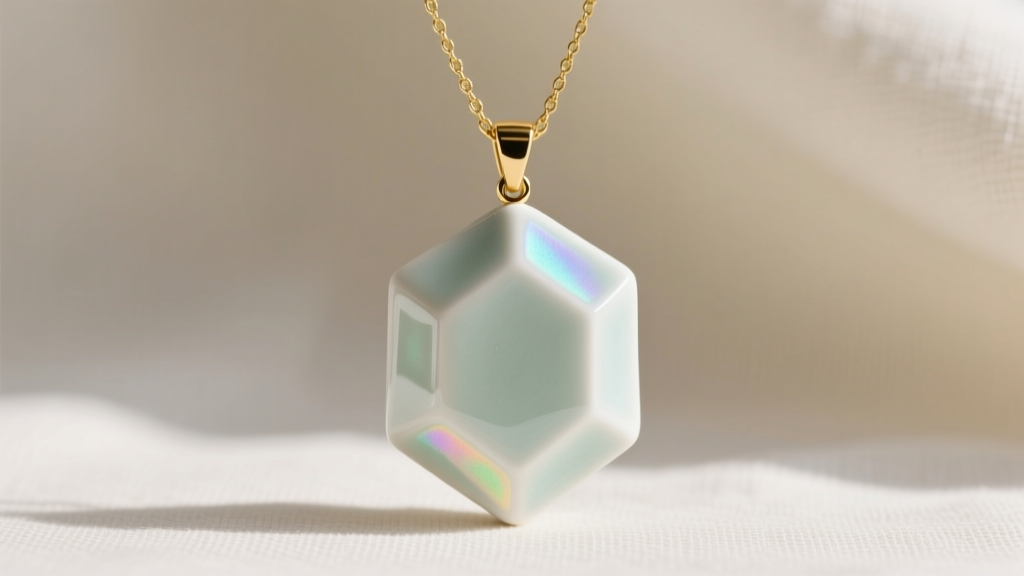 White kaolin clay pendant on a gold chain, highlighting smooth celadon glaze and modern geometric faceted edges in soft daylight